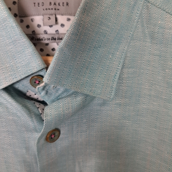 NWOT Ted Baker Men's 3 Linen/Cotton Blend Sea Foam Green Button Down Shirt - Picture 6 of 11